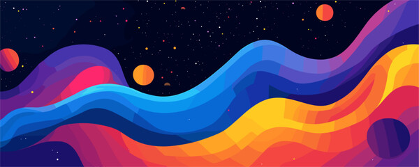 Abstract colorful waves with planets and stars against cosmic night sky, art background vector