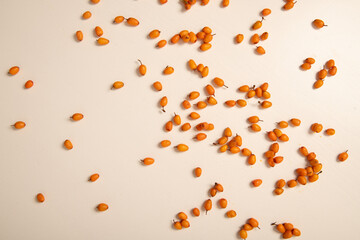 A minimalistic food photography composition with scattered sea buckthorn berries on a clean white background.