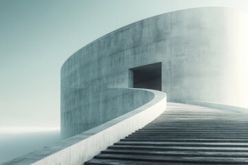 Obraz premium Minimal concrete structure with curved walls and stairs under soft sky