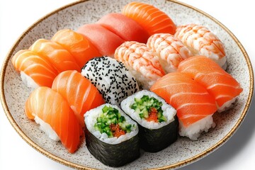 Plate of assorted sushi pieces including salmon nigiri and maki rolls on light background