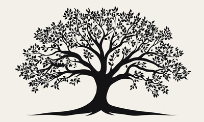 Obraz premium Elegant black silhouette of a large tree with detailed branches and leaves - vector