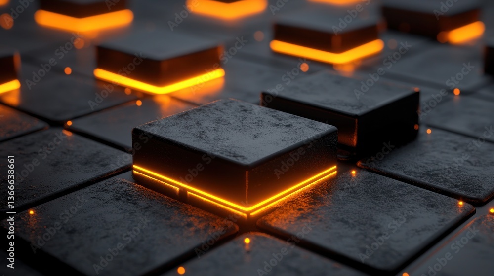 Poster Textured Black Blocks with Illuminated Orange Edges in a Grid Pattern