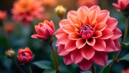 Intricate dahlia blooms, vibrant colors, close-up view, plant, nature, decor