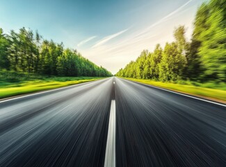 Fototapeta premium Driving on Highway Road Through Green Forest with Motion Blur Effect