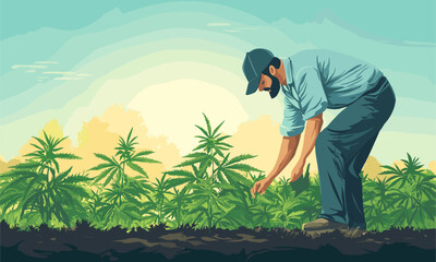 Farmer harvesting plants at sunrise with lush greenery and clear sky - vector