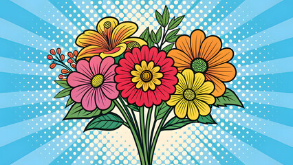 A pop art retro stock illustration with flowers bouquet in a comic book style imitation © anastasia_7em