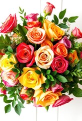 Fototapeta premium Rustic bouquet of colorful roses and lush greenery, country style, bouquet, rustic, wedding