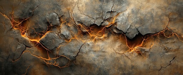 Dramatic cracked earth texture with glowing orange fissures, abstract molten lava background
