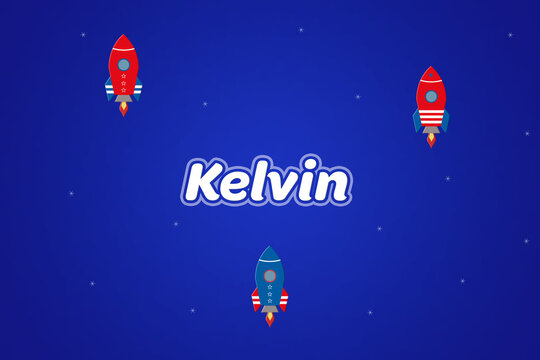 Kelvin male boy name illustration in blue with rockets.