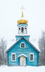 Old Blue Wooden Church with Golden Domes in Winter Landscape