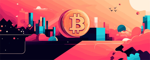Abstract cryptocurrency cityscape with bitcoin symbol in a vibrant sunset vector