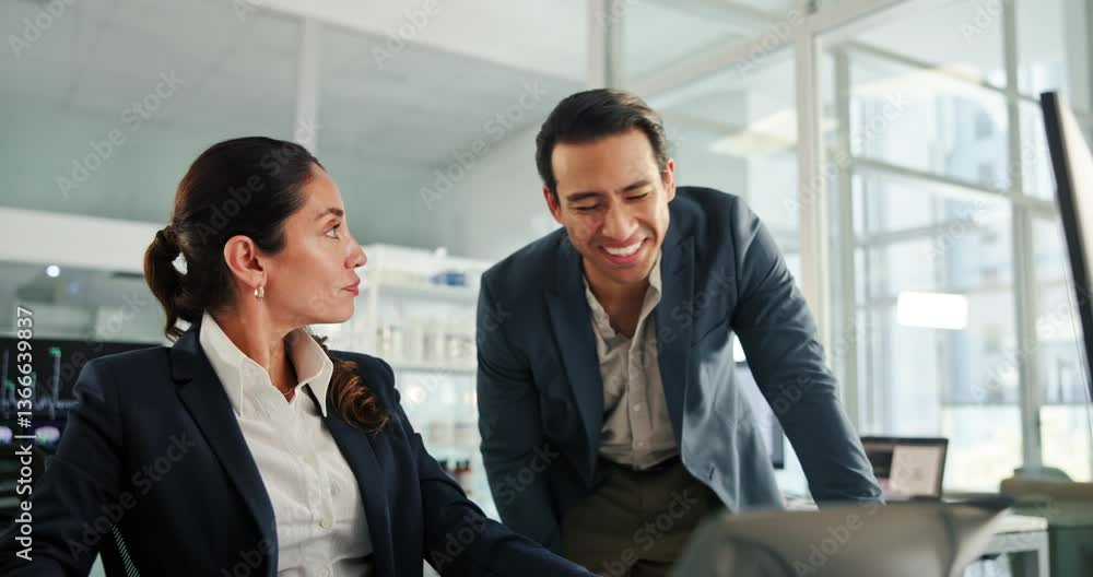 Poster computer, solution and teamwork with business people in office for report, review or update. collabo
