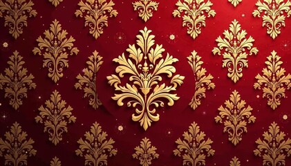Intricate floral damask pattern in rich gold and burgundy , texture, background