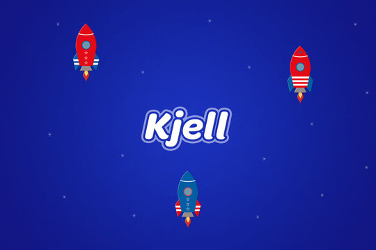 Kjell male boy name illustration in blue with rockets.