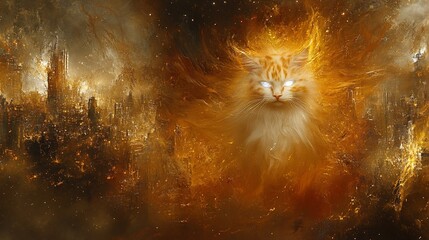 Glowing cat with bright eyes, magical aura, city background, fantasy art