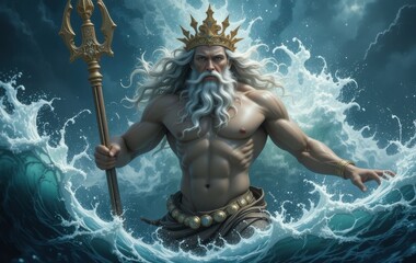 Poseidon Rising From the Sea with Trident Powerful God Mythology