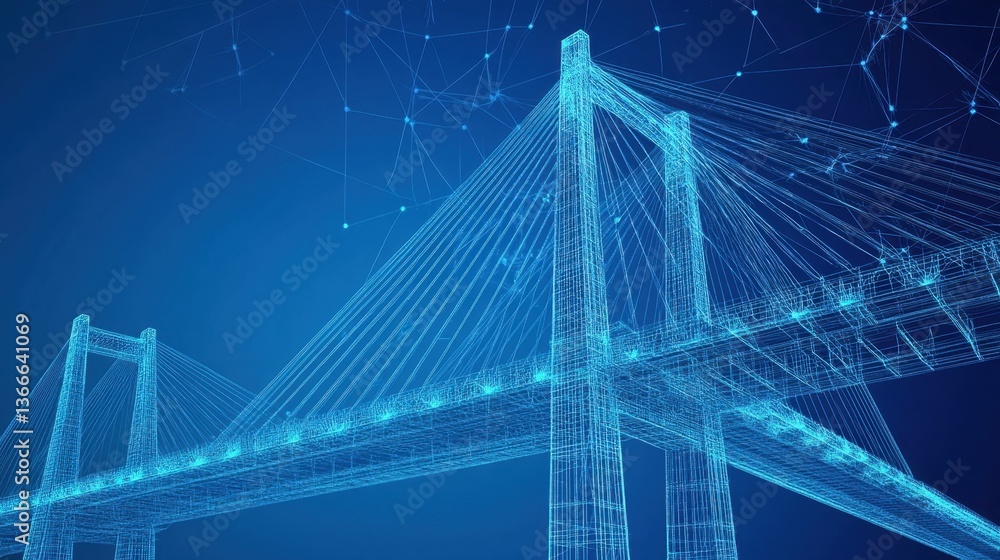 Poster a d digital blueprint of a bridge showcasing the cable-stayed structure.