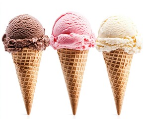 Three Ice Cream Cones with Chocolate Strawberry and Vanilla Flavors