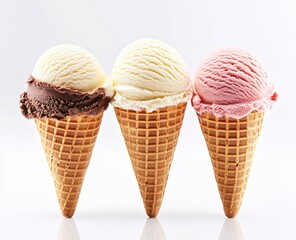 Enjoying Different Flavors Three Ice Cream Cones on Bright White Background
