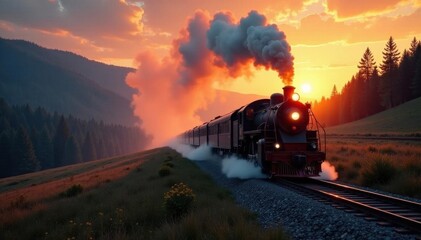 Misty sunset, steam locomotive speeds through valley, countryside, shadow