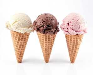 Three Ice Cream Cones Variety of Flavors on White Background