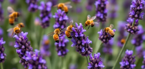 Obraz premium Busy bees pollinating vibrant purple lavender, beeswax insects at work, agriculture, nectar