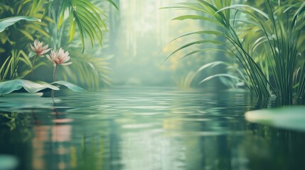 Water lilies and lush greenery reflect on a tranquil pond surface