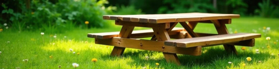 Rustic wooden picnic table with attached benches , rural, dining, setting