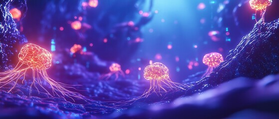 Obraz premium Futuristic neon jellyfish in a bioluminescent underwater world