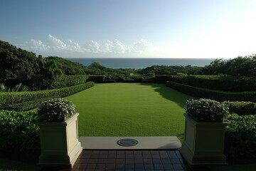 Oceanfront garden view, lush lawn, tranquil escape