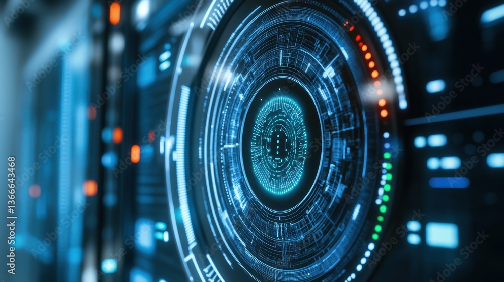 Poster a close-up of a futuristic biometric security system powered by ai.