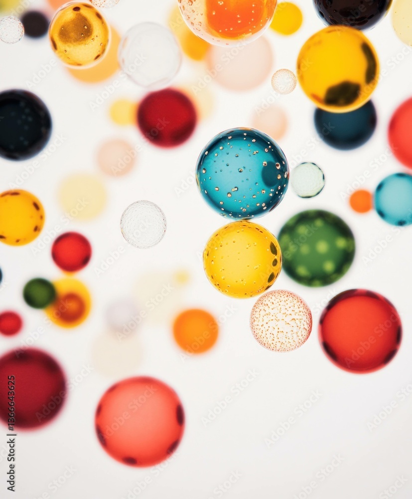 Poster colorful bubbles of various sizes float against a white background, creating a playful and vibrant a