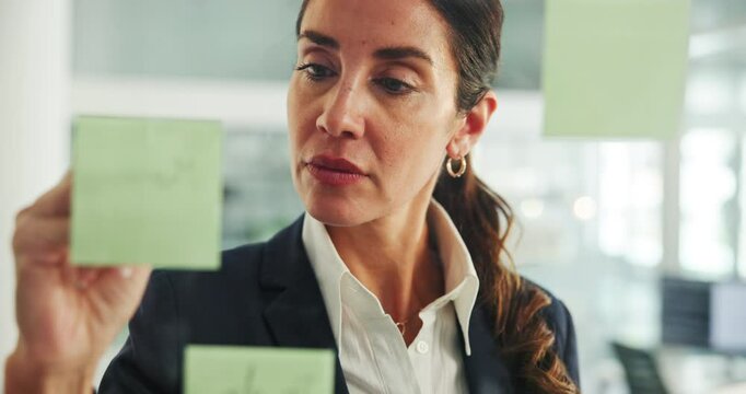 Business, thinking and glass wall with woman, decision or checklist for profit growth. Choice, financial advisor or employee with solution, sticky note or brainstorming with planning and accounting