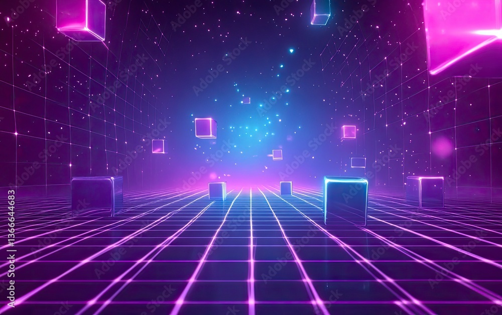 Fototapete Floating Cubes in a Neon Grid with Sparkling Particle Background