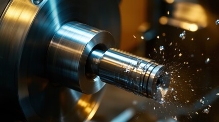 A close-up of a metal lathe cutting a cylindrical steel rod with precision.