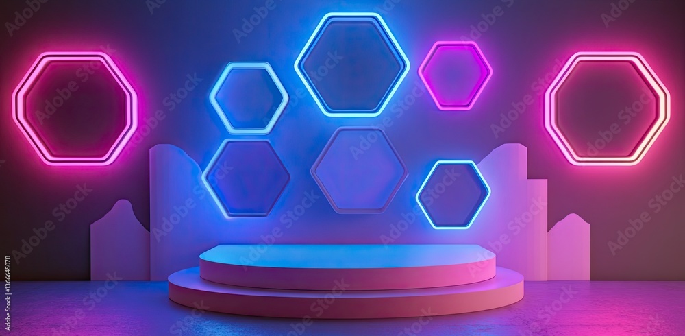 Poster displaying product on platform with neon hexagons for modern presentation