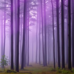 Obraz premium Purple mist swirls through tall trees, ethereal forest scene, trees, enchanted