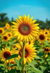 A vibrant yellow sunflower, head tilted slightly, stands tall in a field of other sunflowers, optimism, golden, seeds