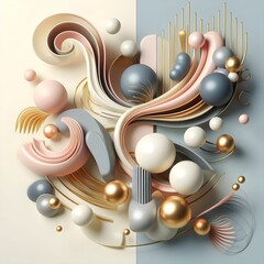 Contemporary 3D Abstract Art: A Luxurious Interplay of Spherical Forms, Flowing Ribbons, and Tactile Textures in a Pastel and Metallic Palette.
