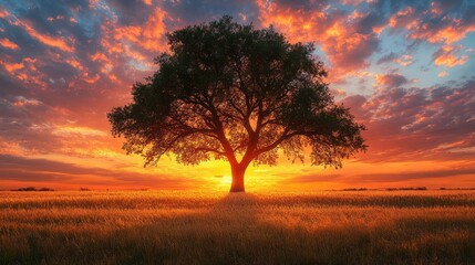 Obraz premium Majestic Sunset Landscape: A Solitary Tree Silhouetted Against a Fiery Sky