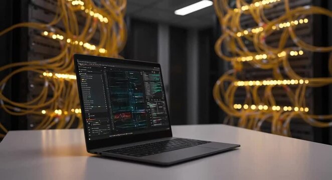 A laptop sits on a data center desk, illuminated by the soft glow of cable lights.