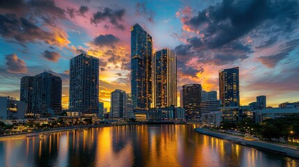 Fototapeta premium Modern cityscape at sunset with skyscrapers reflecting in calm river