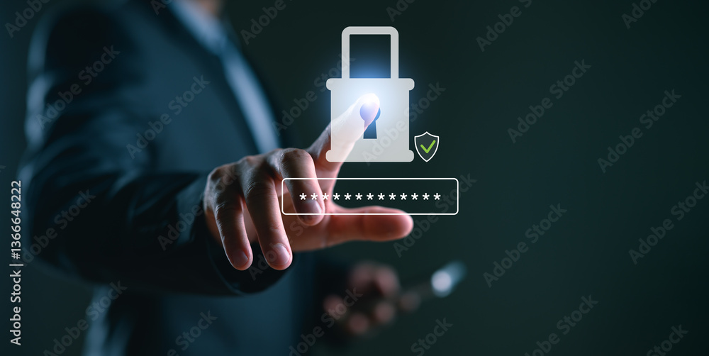 Poster concept of cyber security, secure access to user's personal information, information security and en