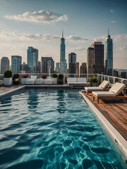 Fototapeta premium Chic rooftop pool party with city skyline views