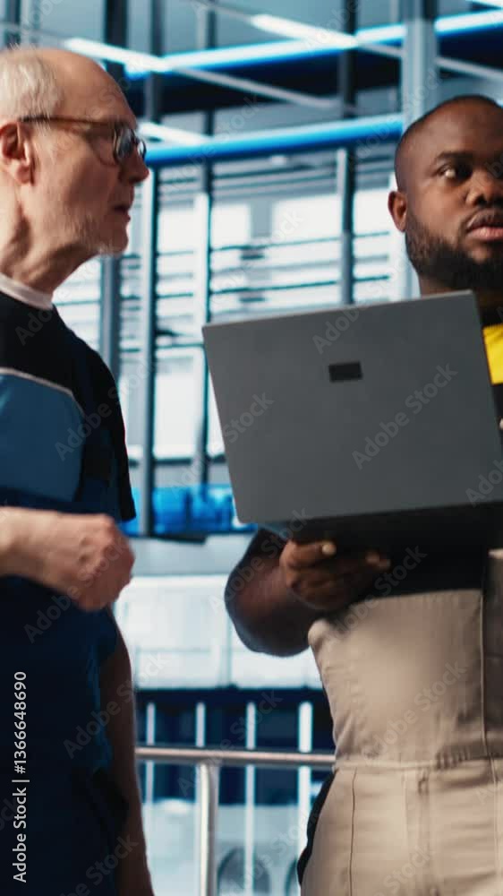 Poster vertical video smart factory senior engineer teaches intern to implement automated workflows, comput