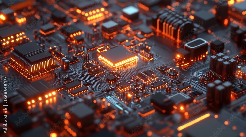Poster a detailed circuit board with high-speed transistors and glowing pathways.