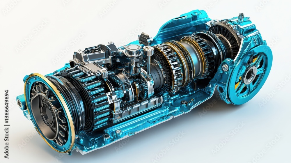 Poster a detailed exploded view of a car transmission system with color-coded components.