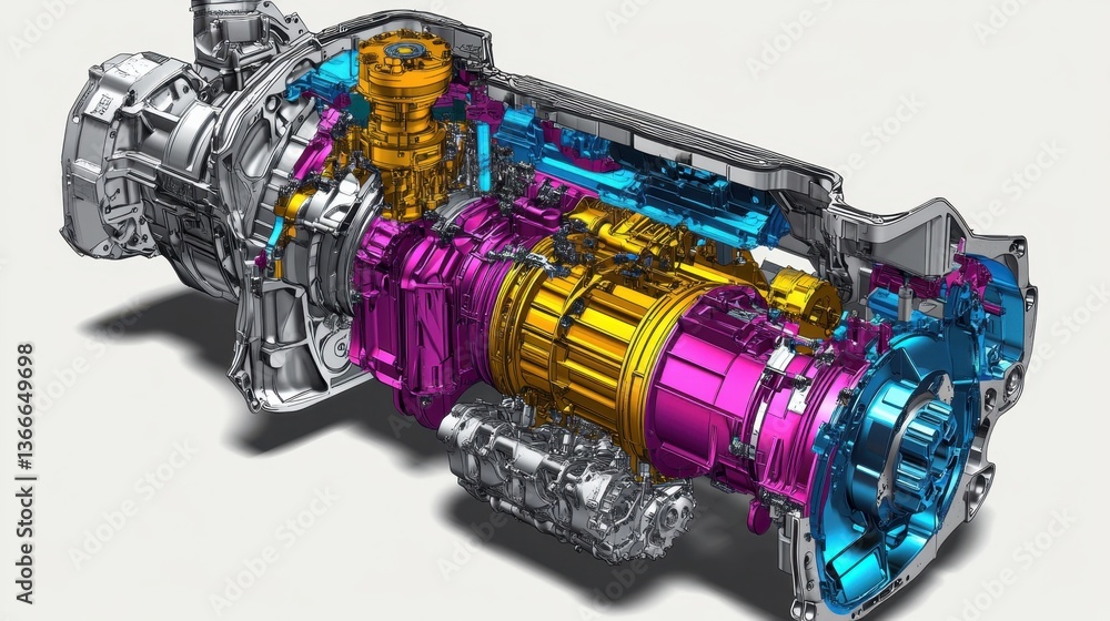 Poster a detailed exploded view of a car transmission system with color-coded components.