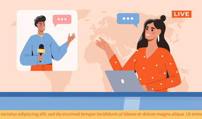 Female news anchor in studio talking to male field reporter via video call, flat graphic style, light background with map, concept of live news reporting. Vector illustration