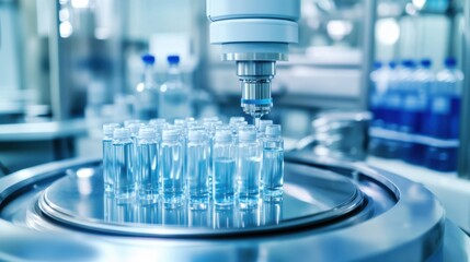 A robotic arm in a biopharmaceutical laboratory, mixing chemical solutions for vaccine production, Medical-tech style